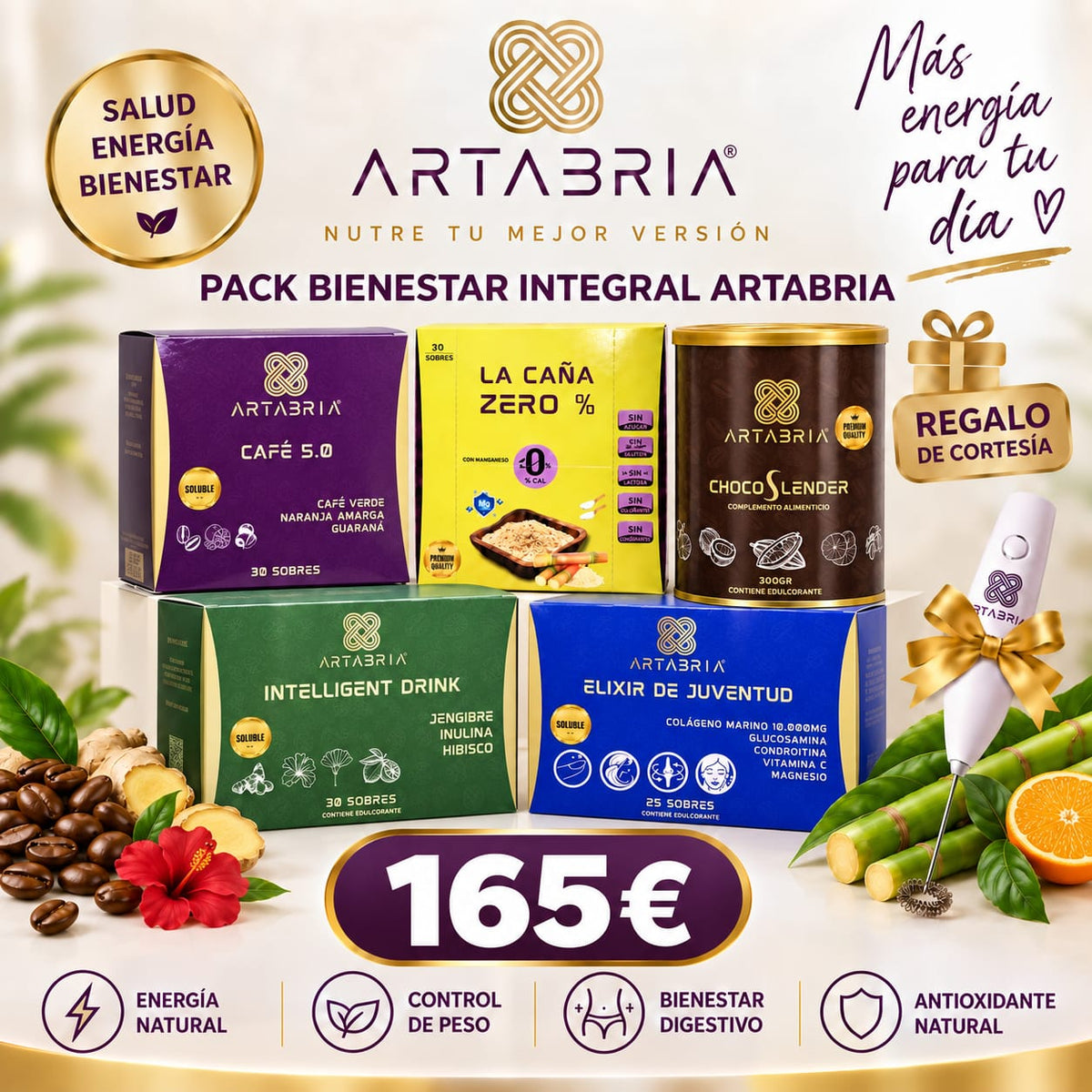 Pack Artabria con Café 5.0 + Bebida I.D. + Cacao Chocoslender + Elixir de Juventud + Caña Cero con regalo de cortesia y ebook menú antinflamatorio - ARTABRIA CAFE